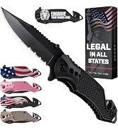 Legal Pocket Knife with 2.95” Serrated Blade, Glass Breaker, Seat Belt Cutter - EDC Sharp Folding...