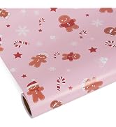 RayofSun Christmas Wrapping Paper Roll 17 in x 16.5 ft, Pink Gingerbread Man Snowflakes, Candy Ca...