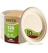 BREFR 128 Pack 10 Inch Compostable Plates, Biodegradable Heavy Duty Large Plates – Eco-Friendly S...