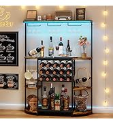 JKsmart 4-Tier Wine Rack with LED Lights, Home Mini Bar Table with 15 Bottles and Glass Holder, F...