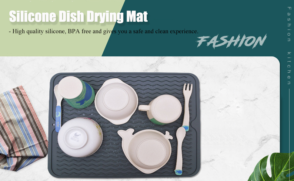 Silicone Dish Drying Mat-Drain Hole, Non-Slip, Foldable. Great for Dishes, Kitchen Sink, Counter Top