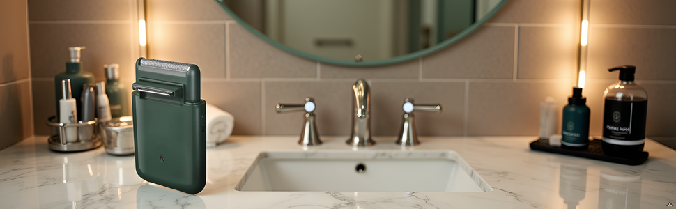 A sleek, modern bathroom counter with the product displayed prominently.