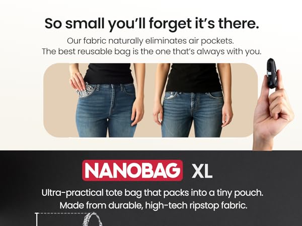 Person holding Nanobag pouch ultra-compact reusable bag that fits on a keychain