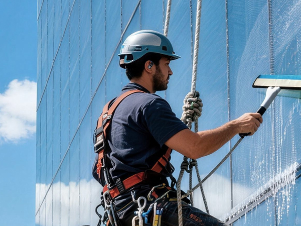 Series of images showing industrial cleaning or maintenance work being performed on exterior glass windows of a high-rise building against blue sky.