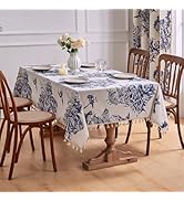 Blue and White Tablecloth for Dining Table, Vintage French Floral Birds Cotton Linen Tablecloth R...