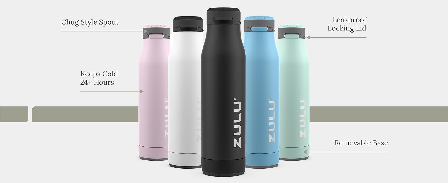 ZULU Ace stainless steel insulated water bottle with removable base for easy cleaning