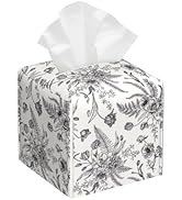 Black and White Flowers Tissue Box Cover Square,Vintage Floral Plant Leaves Tissue Box Holder Wat...