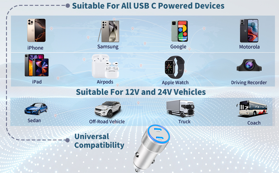 MFi Certified 60W Dual PD USB-C Car Poewr Cigarette Lighter Type-C Car Carplay Fast Charger Adapter