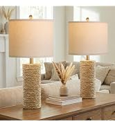 BOBOMOMO Boho Lamps Set of 2, 25.5" Coastal Farmhouse Bedside Lamps, Resin Woven Rattan-Look Nigh...