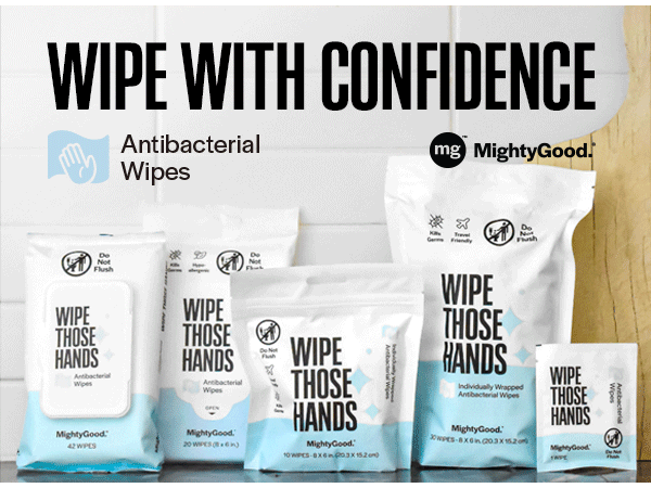 Wipe Those Hands in various product sizes with headline "Wipe With Confidence" and "Antibacterial"