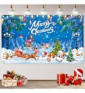 Large Christmas Banner, Vintage Santa Sleigh Deer Snowman Large Merry Christmas Banner Background...