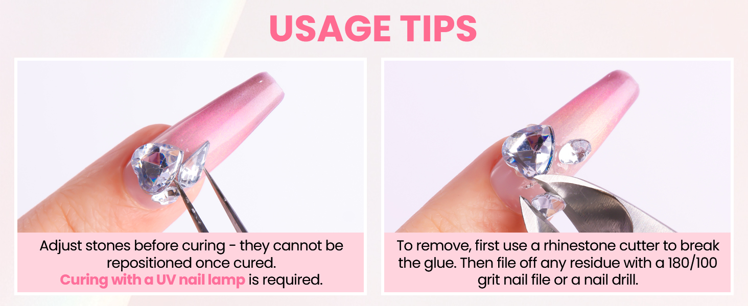 Adjust stones before curing - cannot be repositioned once cured. Curing with a UV nail lamp.