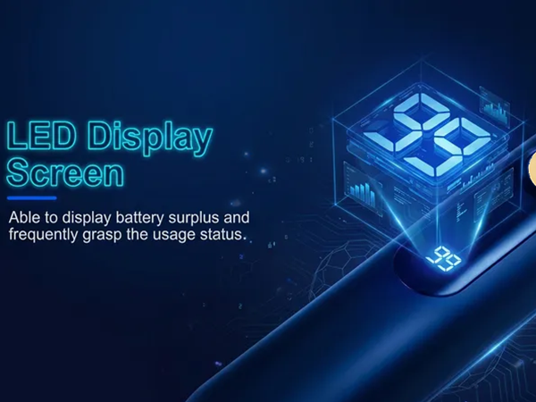 Text reads 'LED Display Screen' and 'Able to display battery surplus and frequently grasp the usage status.' Blue illuminated device showing digital screen with icons on dark background.