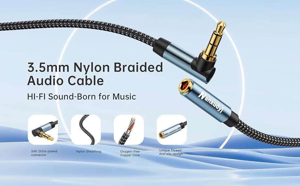 Hi-Fi sound 3.5mm aux extender with oxygen-free copper core and 24k gold-plated connectors