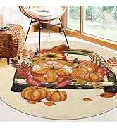 HiiARug Fall Washable Round Area Rug 4Ft Farmhouse Pumpkin Truck Fall Decor Rugs Front Washable P...