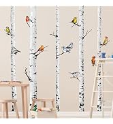 Supzone Large Birch Tree Wall Decals 5 White Tree Forest Birds Wall Stickers Peel and Stick Wall ...