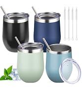 12oz Stemless Wine Tumbler with Lid Double Wall Insulated Wine Cup Stainless Steel Glasses Tumble...