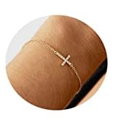 CAROVO Dainty Bracelets for Women 14K Gold Plated Tiny Pearl Sideways Cross CZ Leave Adjustable C...