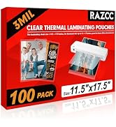 RAZCC Laminating Sheets, 100 Pack Clear Thermal Laminating Plastic Paper Hold 11 x 17 Inch Sheet,...