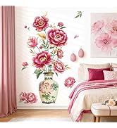 decalmile Flower Vase Wall Stickers Red Gold Peony Flower Wall Decals Bedroom Living Room Offices...
