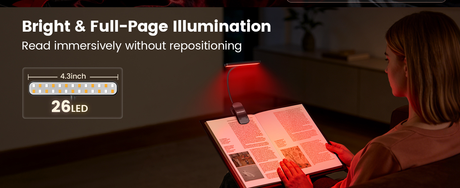 Glocusent 630nm Red Light Reading Light, 26 LEDs Zero Blue Book Light