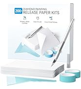 Diamond painting release paper kit containing 200 pieces, including white papers, blue tape, and tools for crafting.