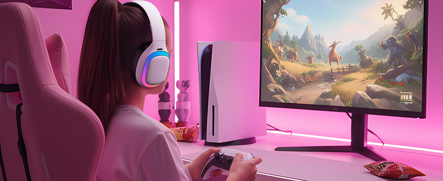 girl gamer wearing the white wireless headset in a cozy room enjoying immersive games with ps5