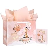 WRAPAHOLIC 16" Extra Large Baby Girl Gift Bag with Card and Tissue Paper - For Baby Shower, New Baby