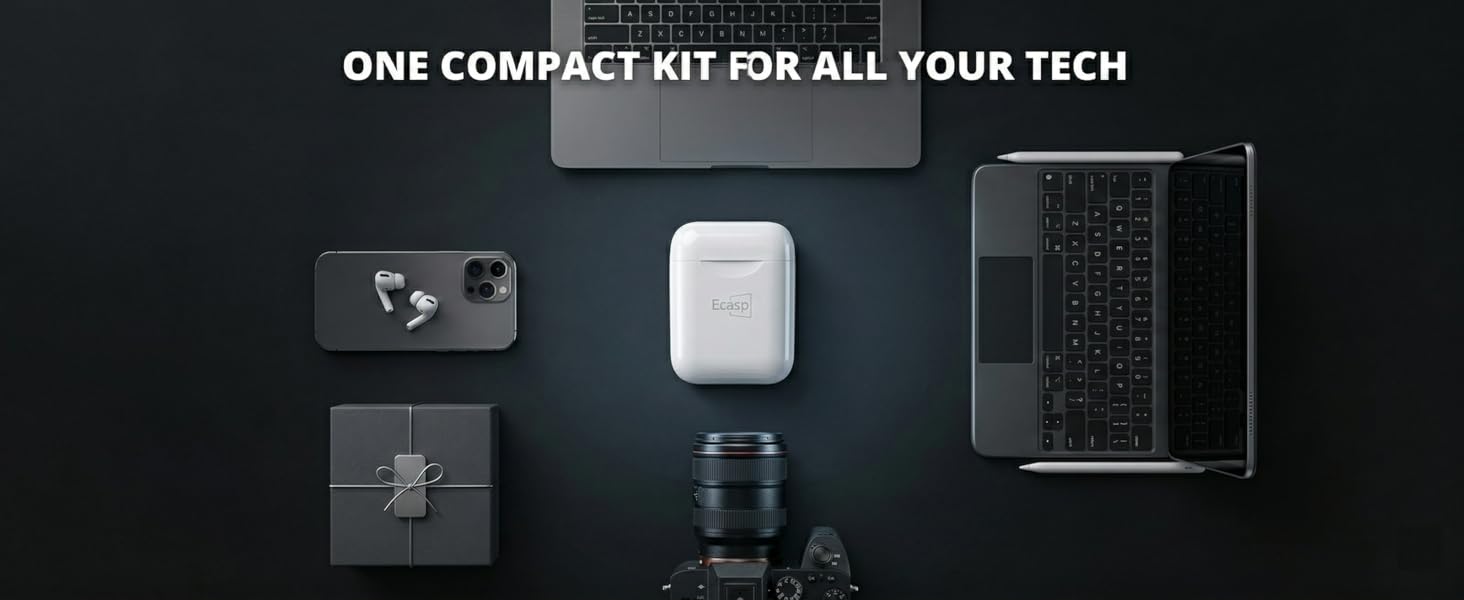 Universal cleaning kit for MacBook, iPad, professional camera, and smartphone.