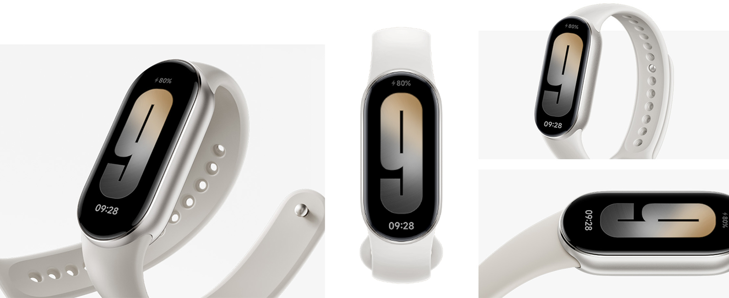 Four views of a sleek fitness tracker or smartwatch. White band with black rectangular display showing different numerical readouts. Side and angled perspectives shown.