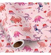 RUSPEPA Valentine's Day Dinosaur Wrapping Paper Roll, Mini Roll, Cute Dinosaur Pattern with Heart...