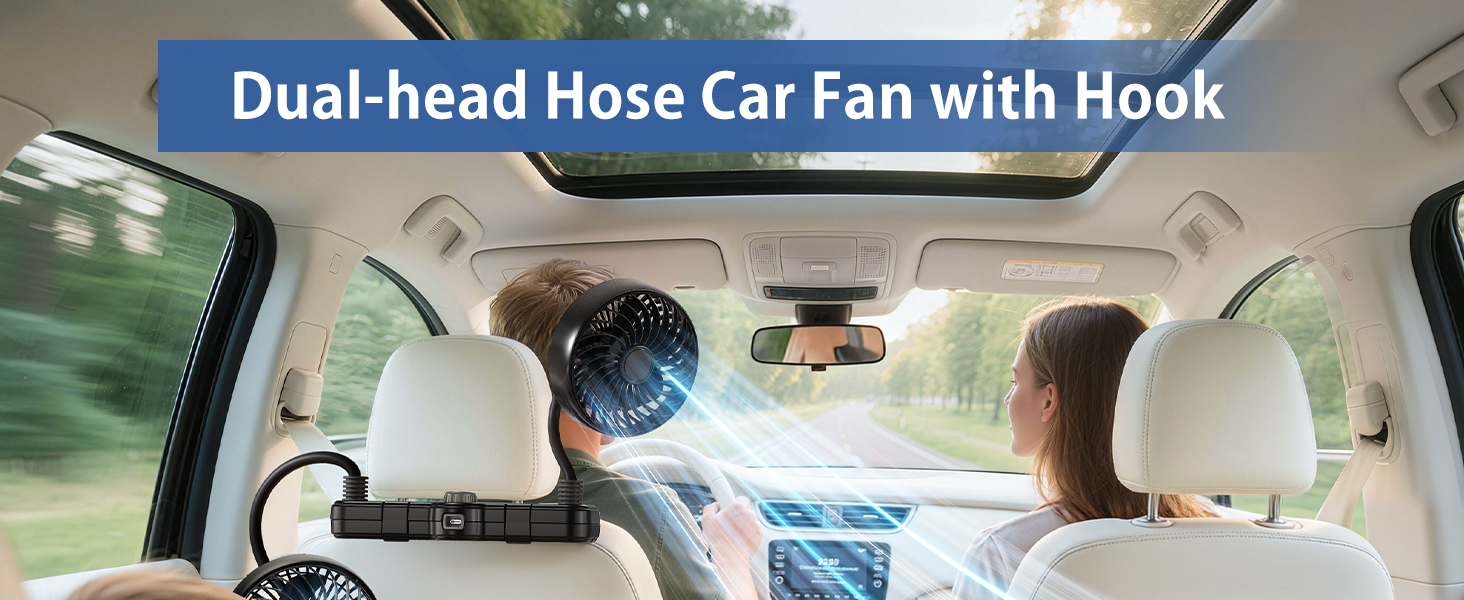 xuenair 3000mAh Dual 360 Hose Rechargeable Fan for Car SUV RV Pickup Vehicle Headrest