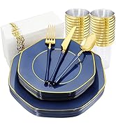 KIRE 140Pcs Blue Plastic Plates with Gold Rim - Gold Disposable Plastic Silverware with Blue Hand...