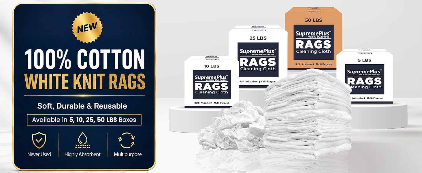 SupremePlus Premium New White Knit Cleaning Rags - Clean Up Oil, Grease, Stain & Paint