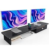 HUANUO Large Dual Monitor Stand with Drawer, Wood Monitor Riser for 2 Monitors with Storage & Cab...