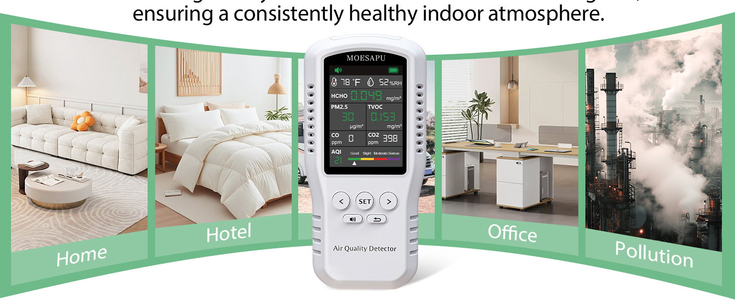 air quality monitor formaldehyde hcho tvoc voc co2 pm2.5 aqi meter detector alarm tester home indoor