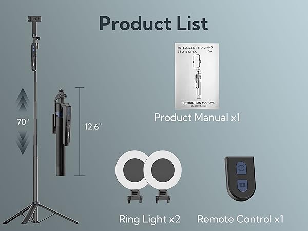 Photography equipment set including 70-inch light stand, two ring lights, remote control, and product manual with measurements labeled.