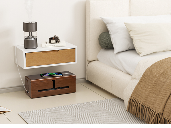 cable management box under the bedside table