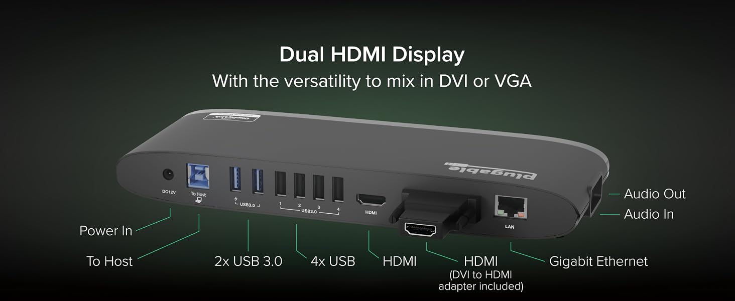 Plugable USB 3.0 Universal Docking Station with dual HDMI, VGA, or DVI compatibility for displays