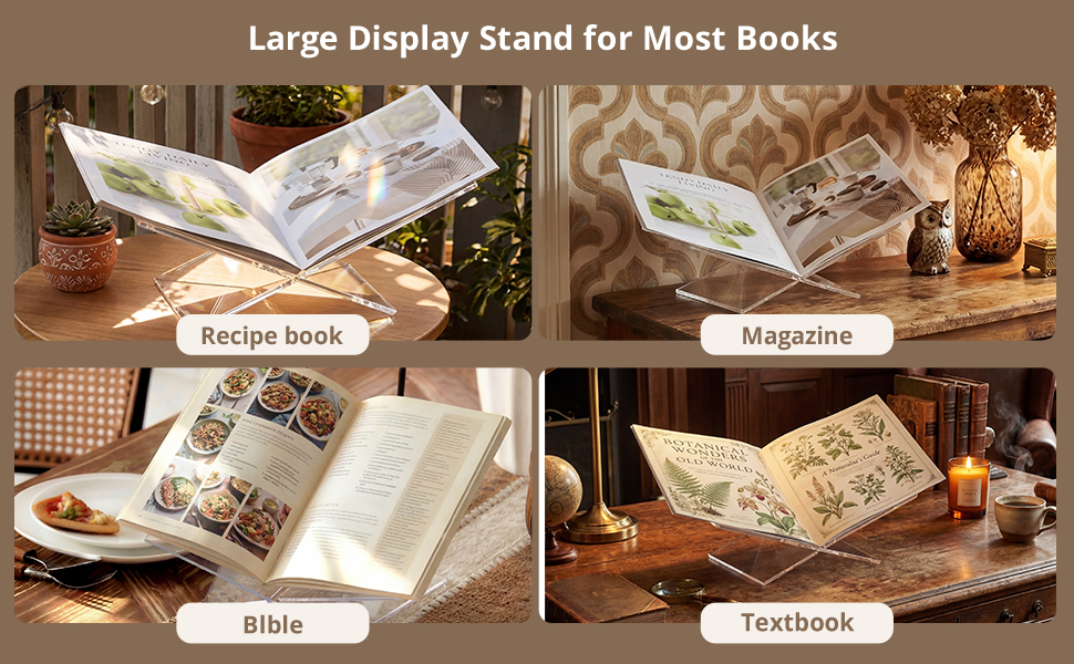 clear acrylic book stand displaying recipe book magazine bible and textbook in different scenes