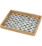 Rattan Serving Tray, Rectangle Coffee Table Tray with Mother of Pearl Inlay, Decorative Wicker Ba...
