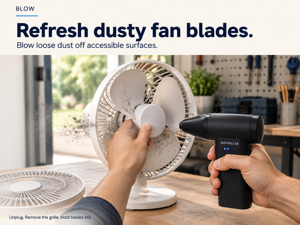 Electric air duster blowing dust off a desk fan with grille removed and blades held still