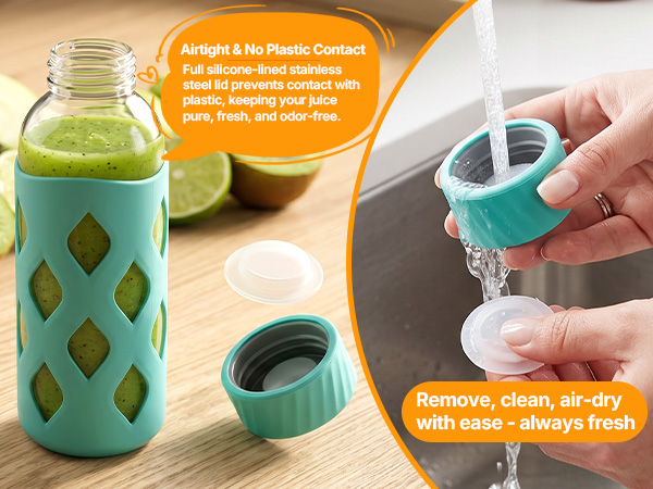 glass juice bottles with lids and straws 16oz, leak proof, bpa free