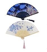 Bestage 2 Pieces Folding Hand Fans for Women,Silk Foldable Handheld Fans Vintage Bamboo Frames Ch...