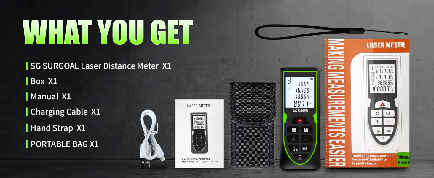 contains the product, a canvas bag, a charging cable, an instruction manual and a hanging strap