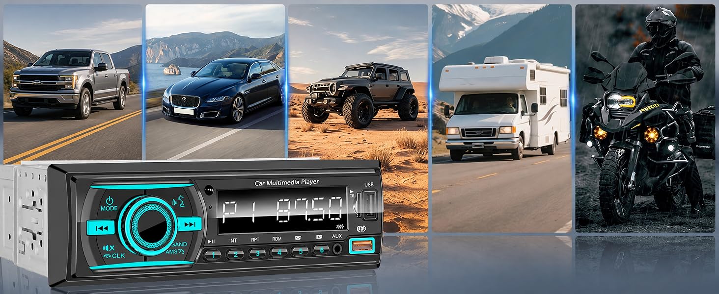 Single-DIN car stereo multimedia player, compatible for cars, pickup trucks, RVs and motorcycles