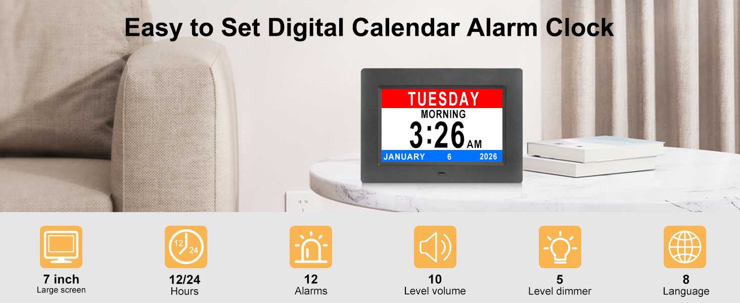 Extra large digital calendar day date time clock for impaired vision memory loss