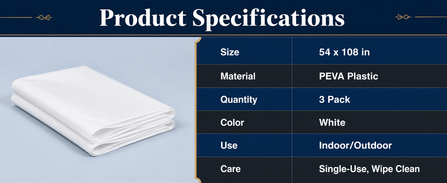 Three white PEVA tablecloths measuring 54 by 108 inches each.