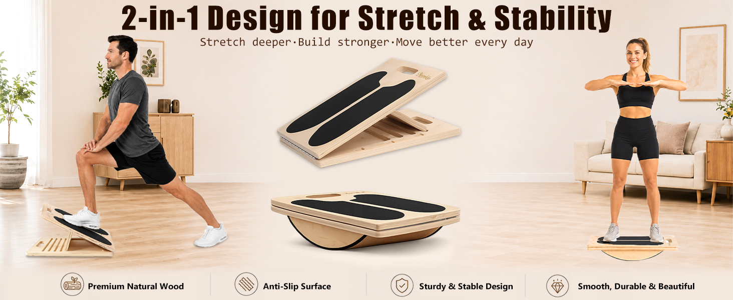 2-in-1 wooden slant and balance board for stretching, stability training, and home fitness.