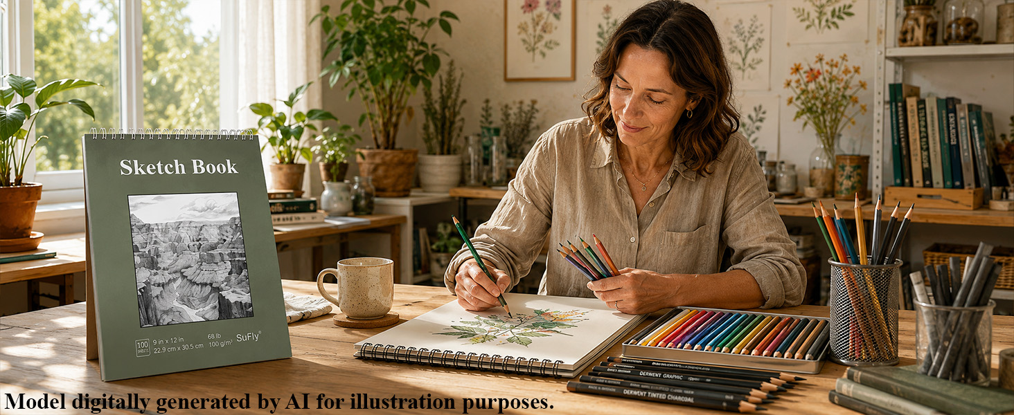 An adult creator uses a SuFly sketchbook for colored-pencil and dry media drawing in a home studio.